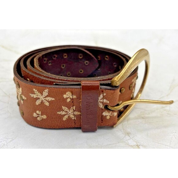 Calvin Klein Vintage Womens Leather Belt Embroidered Brass Studs Buckle Sz XL - Picture 1 of 12